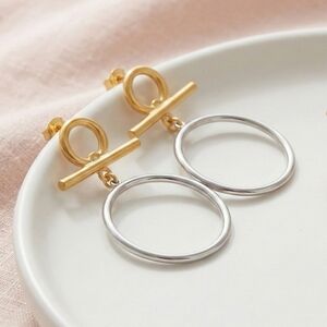 18k Gold Plated Stainless Steel Two Tone Convertible Toggle Hoop Drop Earrings
